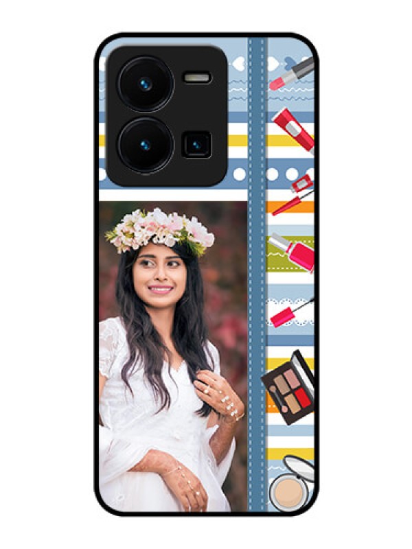 Custom Vivo Y35 Personalized Glass Phone Case - Makeup Icons Design