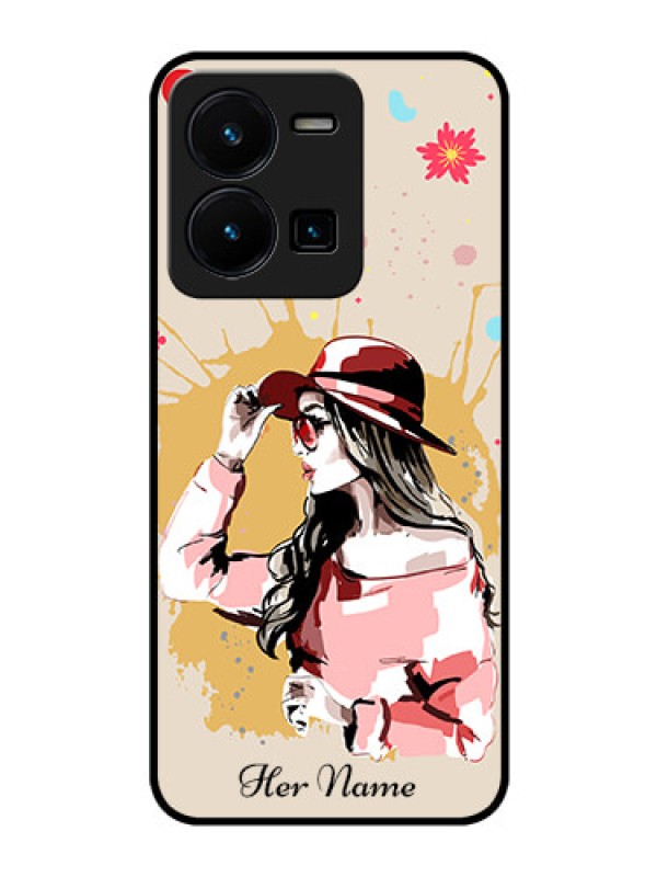 Custom Vivo Y35 Photo Printing on Glass Case - Women with pink hat Design