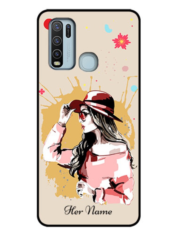 Custom Vivo Y50 Photo Printing on Glass Case - Women with pink hat Design