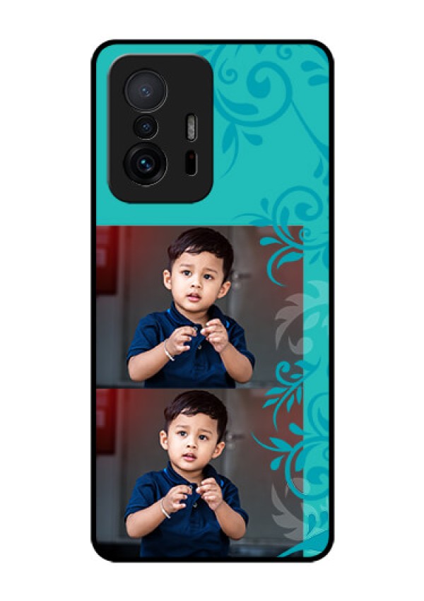Xiaomi 11T Pro 5G Personalized Glass Phone Case - with Photo and Green Floral Design