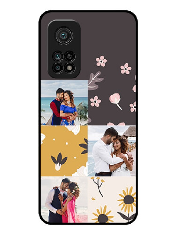 Custom Mi 10T Pro Photo Printing on Glass Case - 3 Images with Floral Design