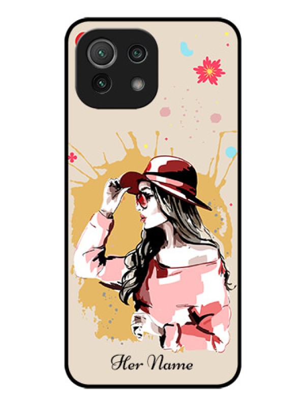 Custom Xiaomi Mi 11 Lite Photo Printing on Glass Case - Women with pink hat Design