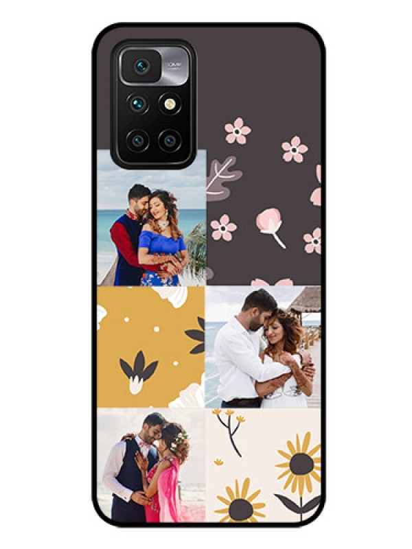 Custom Redmi 10 Prime Photo Printing on Glass Case - 3 Images with Floral Design