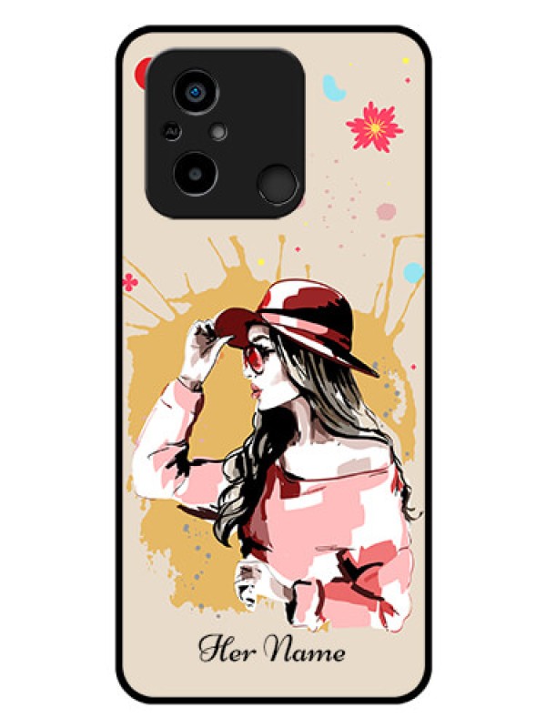 Custom Xiaomi Redmi 12C Photo Printing on Glass Case - Women with pink hat Design