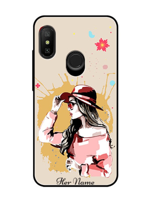 Custom Xiaomi Redmi 6 Pro Photo Printing on Glass Case - Women with pink hat Design