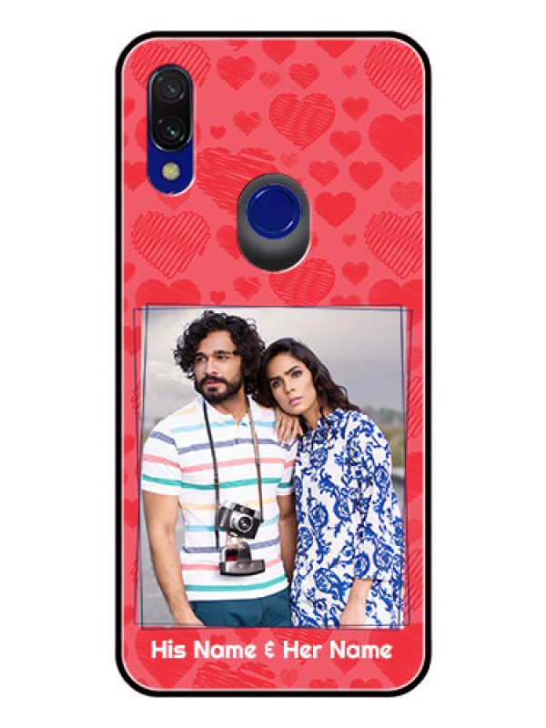 Custom Redmi 7 Photo Printing on Glass Case  - with Red Heart Symbols Design