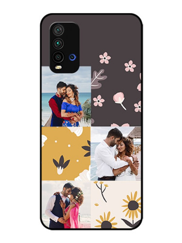 Custom Redmi 9 Power Photo Printing on Glass Case  - 3 Images with Floral Design