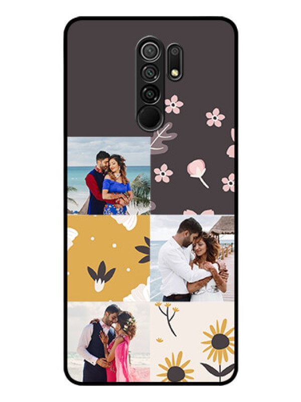 Custom Redmi 9 Prime Photo Printing on Glass Case  - 3 Images with Floral Design