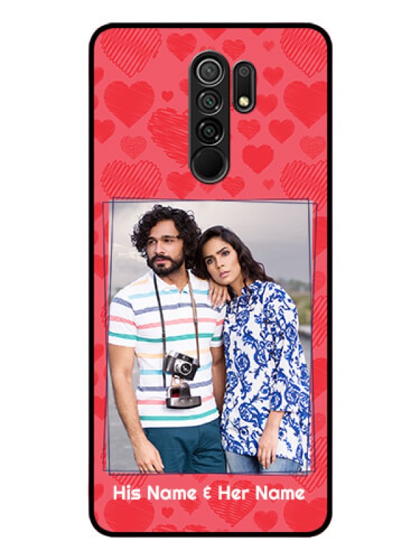 Custom Redmi 9 Prime Photo Printing on Glass Case  - with Red Heart Symbols Design