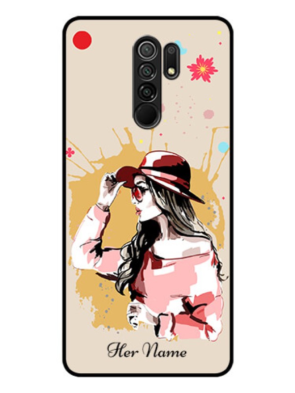 Custom Xiaomi Redmi 9 Prime Photo Printing on Glass Case - Women with pink hat Design
