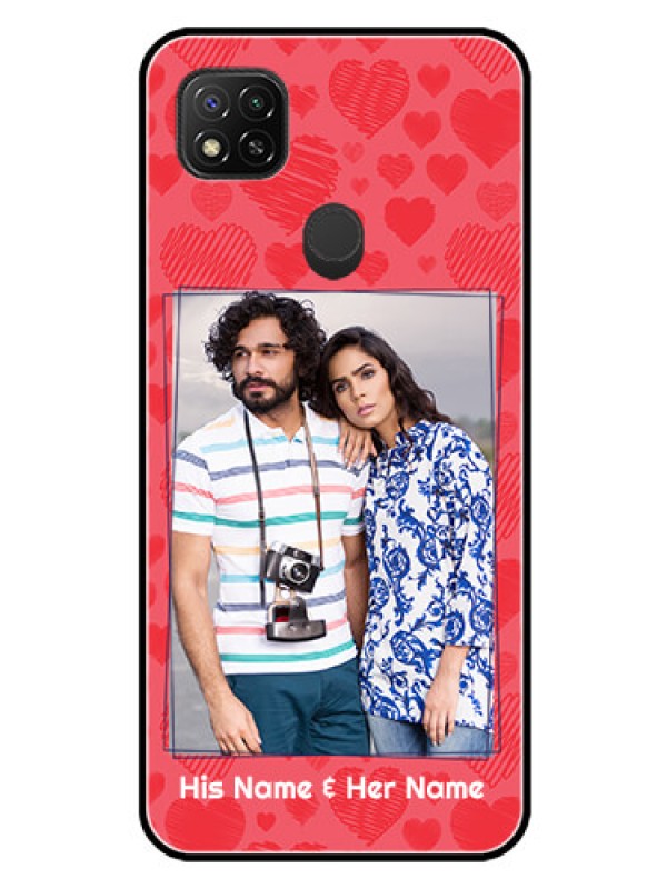 Custom Redmi 9 Photo Printing on Glass Case  - with Red Heart Symbols Design