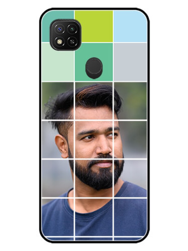 Custom Redmi 9 Photo Printing on Glass Case  - with white box pattern 
