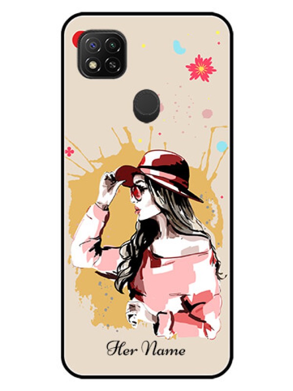 Custom Xiaomi Redmi 9 Photo Printing on Glass Case - Women with pink hat Design