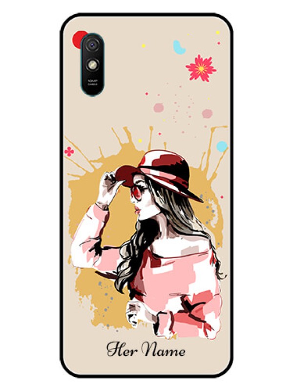 Custom Xiaomi Redmi 9A Sport Photo Printing on Glass Case - Women with pink hat Design
