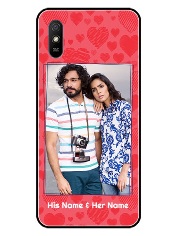 Custom Redmi 9A Photo Printing on Glass Case  - with Red Heart Symbols Design