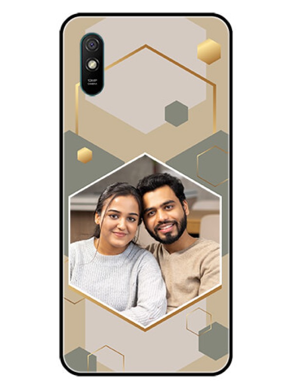 Custom Xiaomi Redmi 9A Photo Printing on Glass Case - Stylish Hexagon Pattern Design