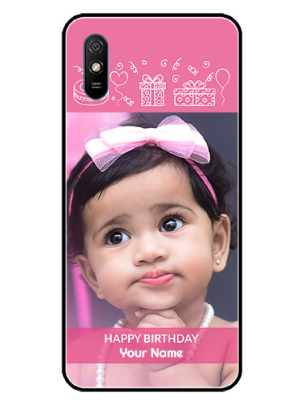 Custom Redmi 9i Photo Printing on Glass Case  - with Birthday Line Art Design