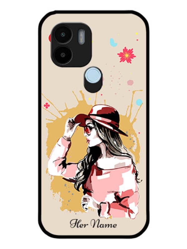 Custom Xiaomi Redmi A1 Plus Photo Printing on Glass Case - Women with pink hat Design