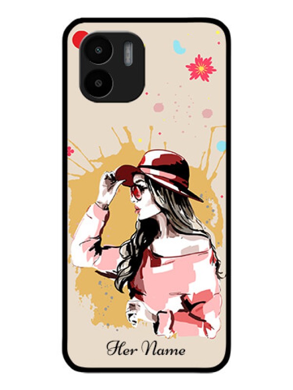 Custom Xiaomi Redmi A1 Photo Printing on Glass Case - Women with pink hat Design