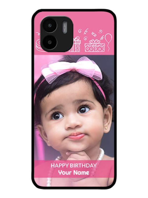 Custom Xiaomi Redmi A2 Photo Printing on Glass Case - with Birthday Line Art Design