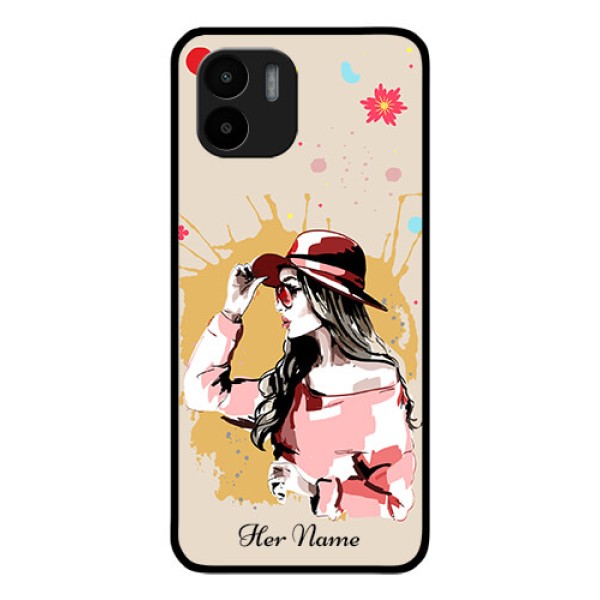 Xiaomi Redmi A2 Photo Printing on Glass Case - Women with pink hat Design Xiaomi Redmi A2 Photo Printing on Glass Case - Women with pink hat Design