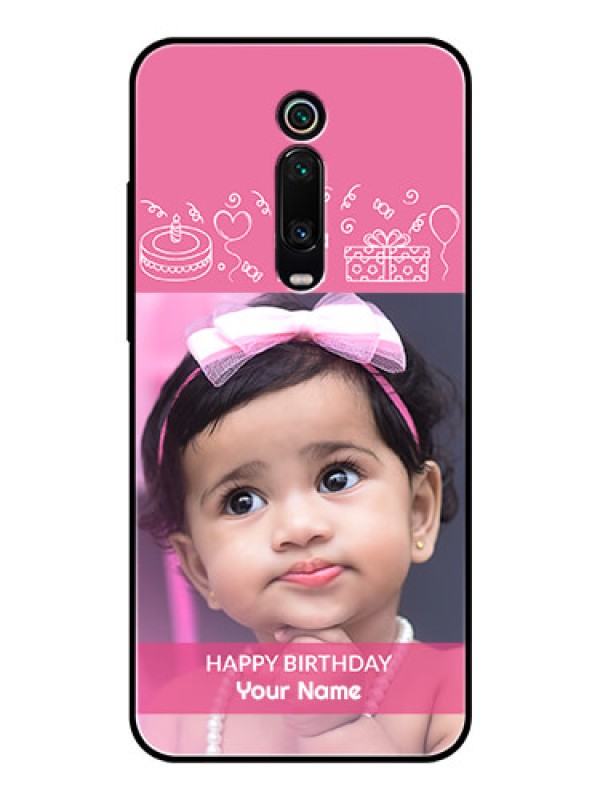 Custom Redmi K20 Photo Printing on Glass Case  - with Birthday Line Art Design