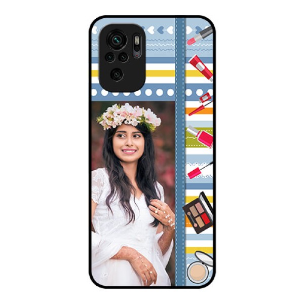 Redmi Note 10 Personalized Glass Phone Case - Makeup Icons Design
