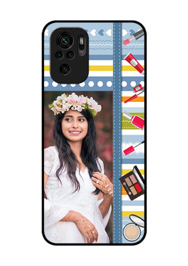 Redmi Note 10 Personalized Glass Phone Case - Makeup Icons Design
