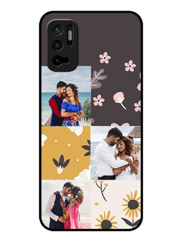 Custom Redmi Note 10T 5G Photo Printing on Glass Case - 3 Images with Floral Design