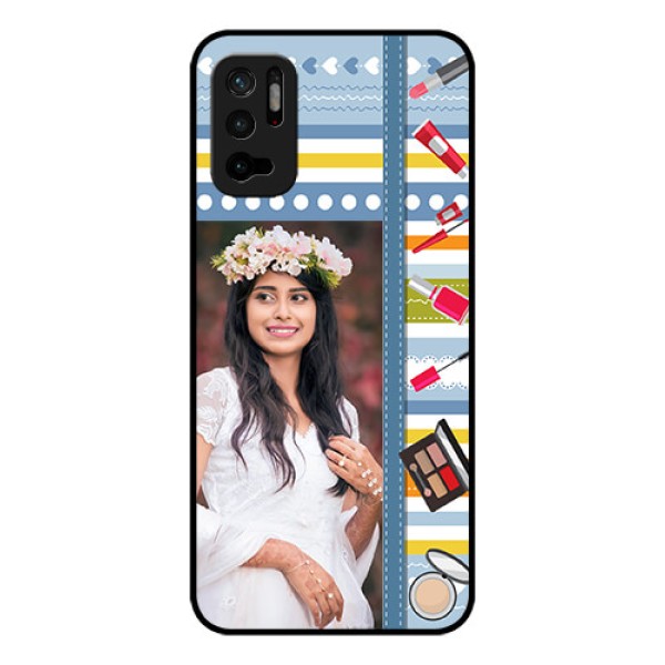 Redmi Note 10T 5G Personalized Glass Phone Case - Makeup Icons Design