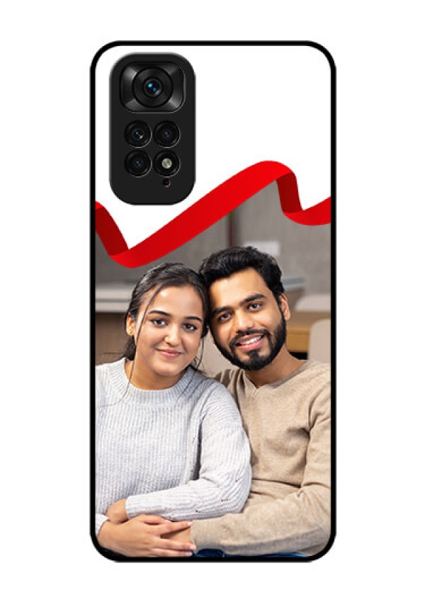 Redmi Note 11 Photo Printing on Glass Case - Red Ribbon Frame Design