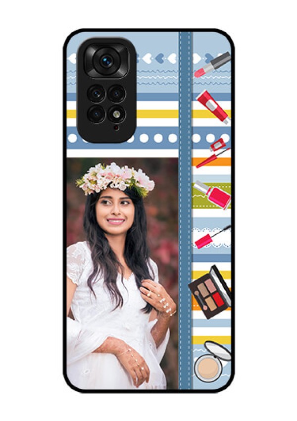 Redmi Note 11s Personalized Glass Phone Case - Makeup Icons Design