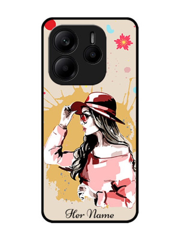 Custom Redmi Note 14 5G Custom Glass Phone CaseWomen With Pink Hat Design