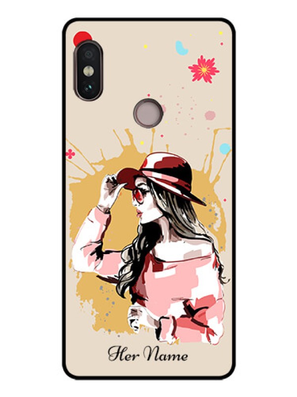Custom Xiaomi Redmi Note 5 Pro Photo Printing on Glass Case - Women with pink hat Design