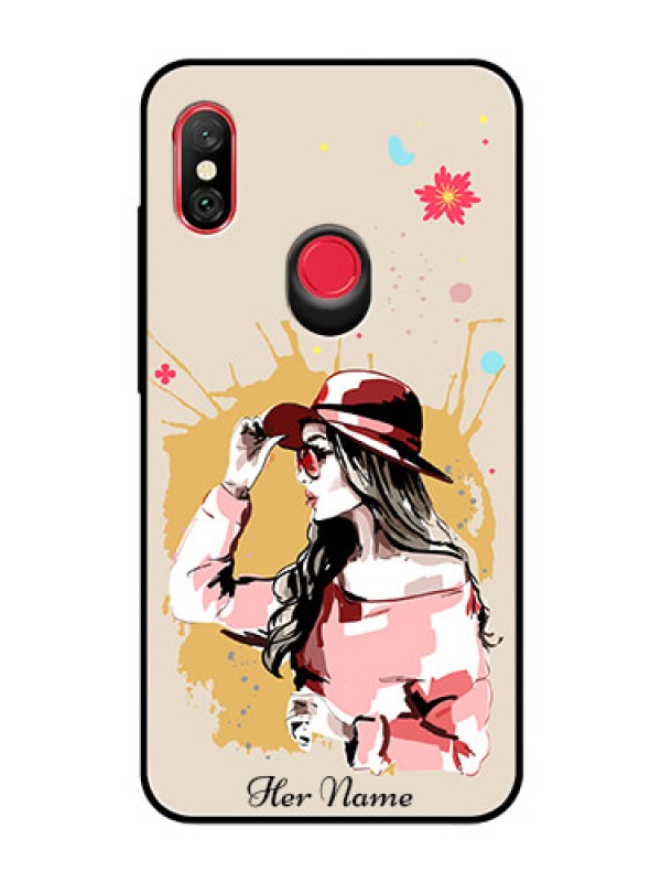 Custom Xiaomi Redmi Note 6 Pro Photo Printing on Glass Case - Women with pink hat Design