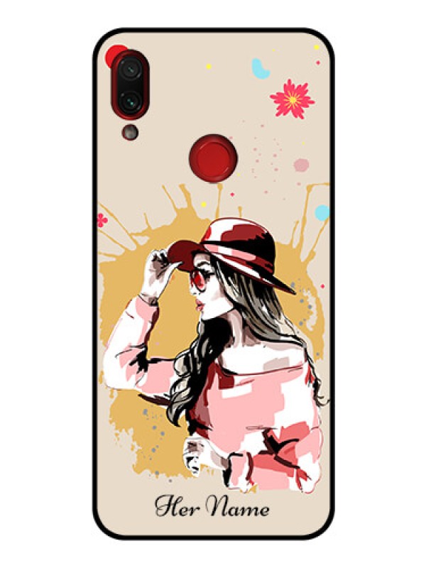 Custom Xiaomi Redmi Note 7 Pro Photo Printing on Glass Case - Women with pink hat Design