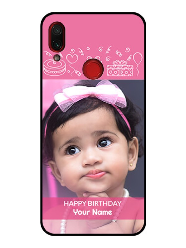 Custom Redmi Note 7S Photo Printing on Glass Case  - with Birthday Line Art Design