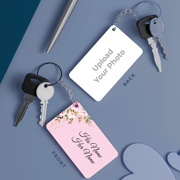 Custom Couples Floral Pattern Full Picture Upload Design With Text Keychain