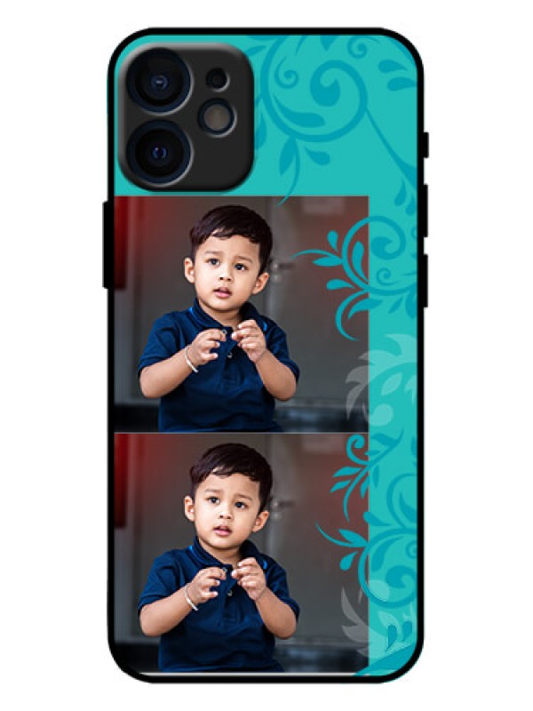 Custom iPhone 12 Mini Custom Metal Phone Case - With Photo And Green Floral Design