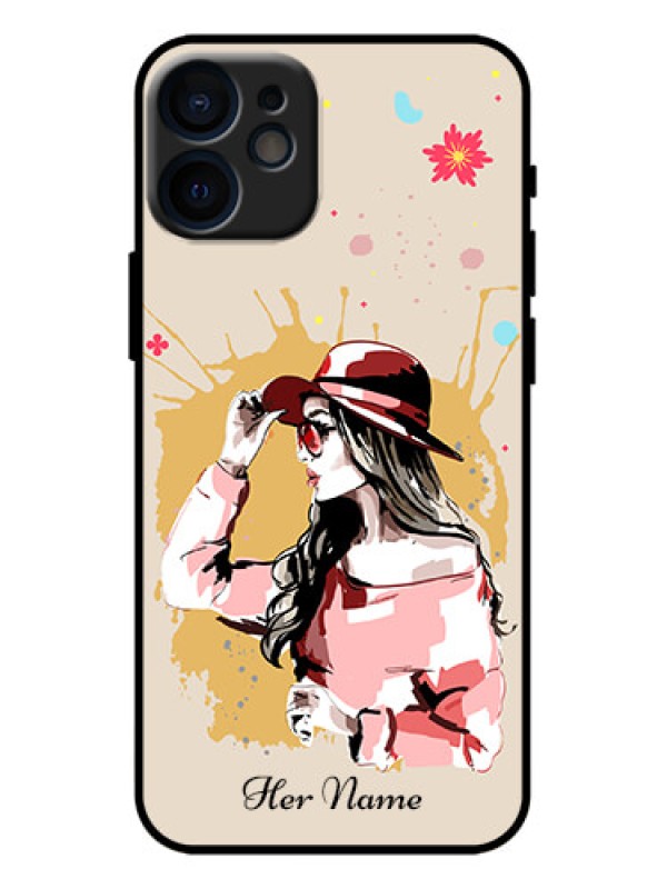 Custom iPhone 12 Mini Custom Metal Phone Case - Women With Pink Hat Design