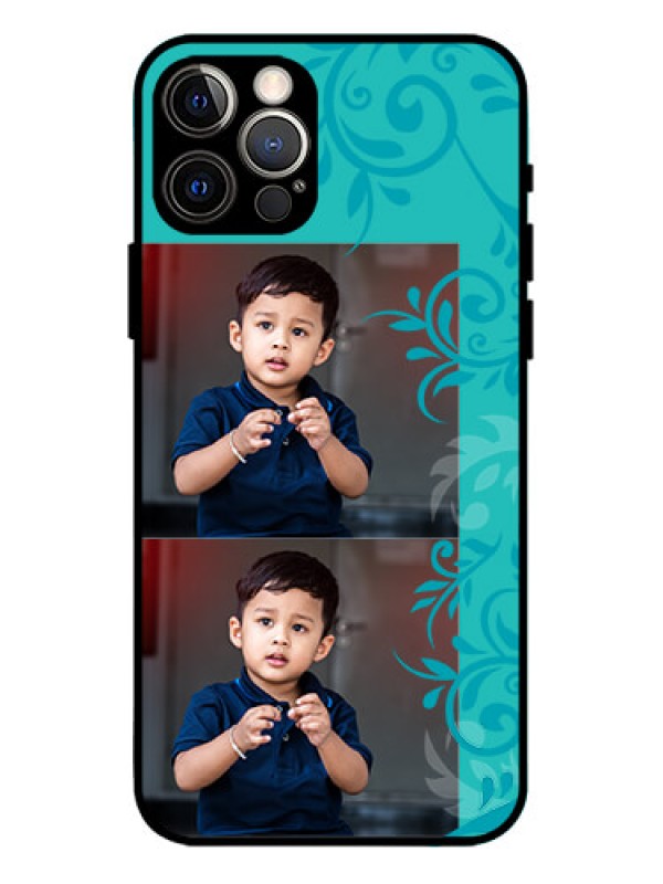 Custom iPhone 12 Pro Custom Metal Phone Case - With Photo And Green Floral Design