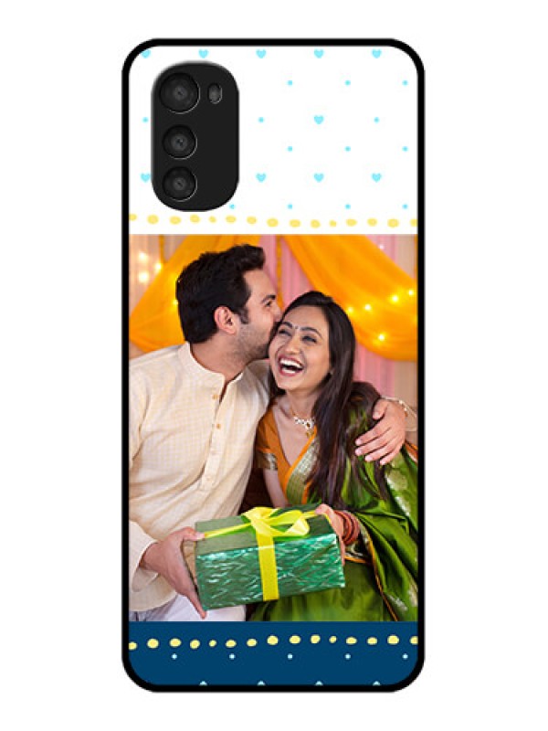 Custom Moto E32s Custom Metal Phone Case - White And Blue Abstract Design