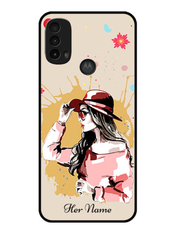 Custom Moto E40 Custom Metal Phone Case - Women With Pink Hat Design