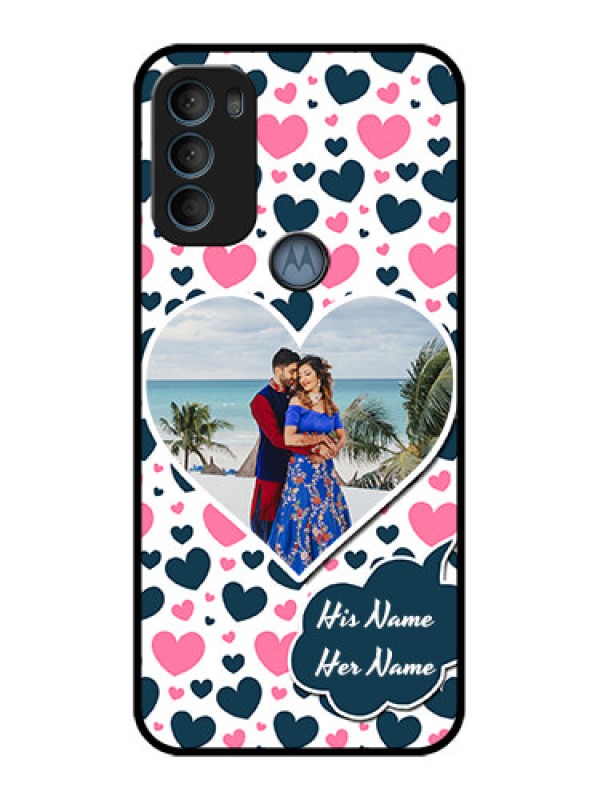 Custom Moto G71 5G Custom Metal Phone CasePink and Blue Heart Design