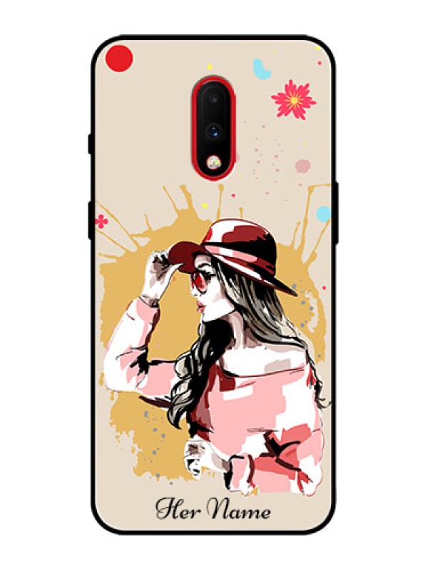 Custom OnePlus 7 Custom Metal Phone Case - Women With Pink Hat Design