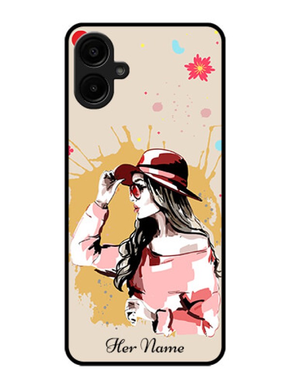 Custom Galaxy A06 Custom Metal Phone CaseWomen With Pink Hat Design
