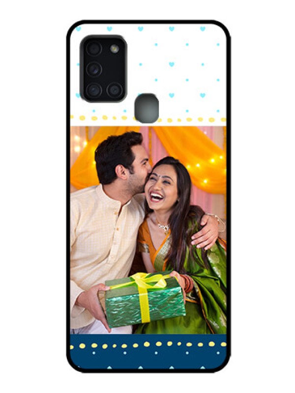 Custom Galaxy A21s Custom Metal Phone Case - White And Blue Abstract Design