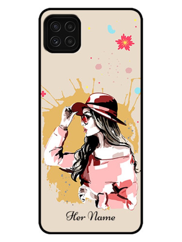 Custom Galaxy A22 5G Custom Metal Phone Case - Women With Pink Hat Design