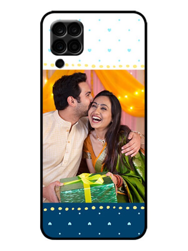 Custom Galaxy F12 Custom Metal Phone Case - White And Blue Abstract Design