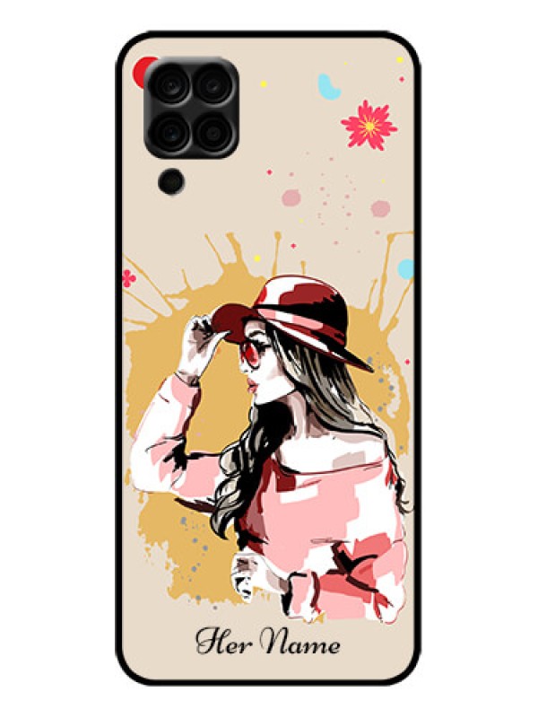 Custom Galaxy F12 Custom Metal Phone Case - Women With Pink Hat Design